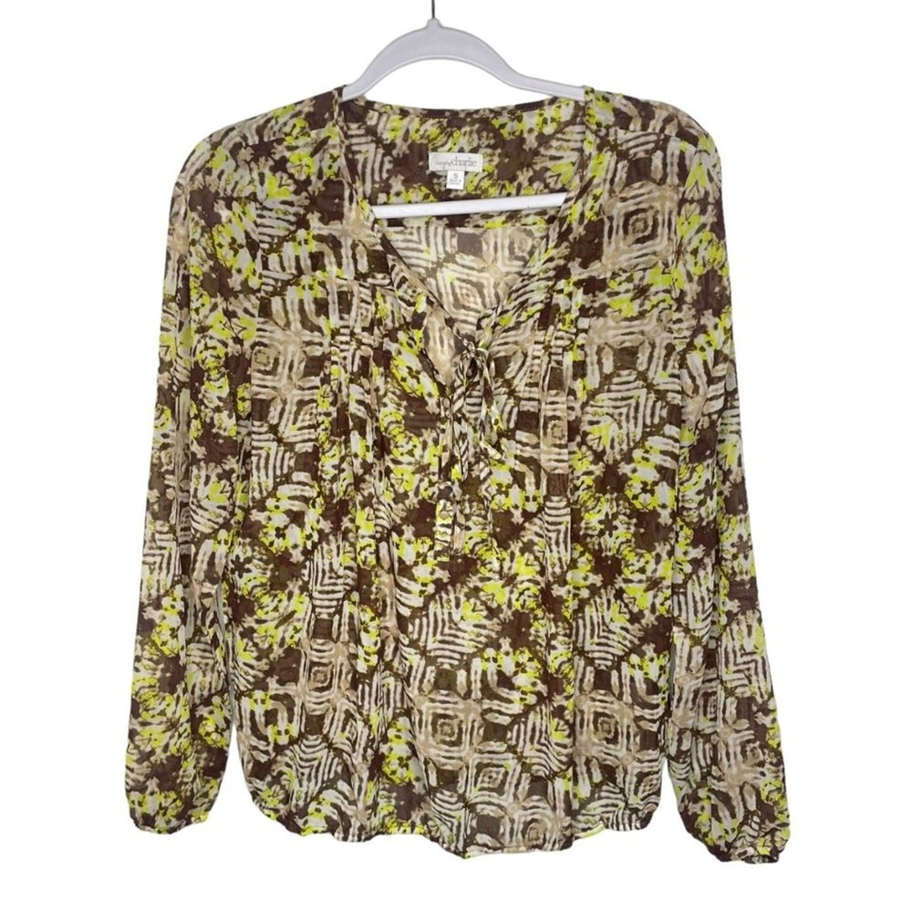 Charming Charlie Womens Small Brown Neon Yellow Geometric Long Sleeve Tie Blouse